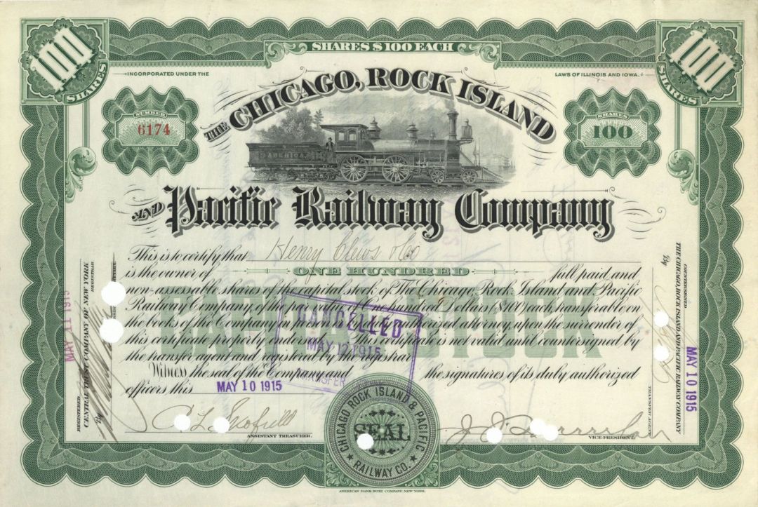 Chicago, Rock Island and Pacific Railway Co. Issued to Henry Clews and Co. - 1915 or 1916 dated Authogragh Railway Bond