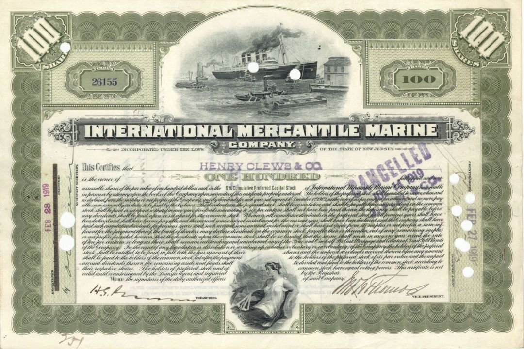 International Mercantile Marine Co. Issued to Henry Clews and Co. - 1919 or 1928 dated Autographed Stock Certificate