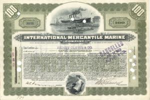 International Mercantile Marine Co. Issued to Henry Clews and Co. - 1919 or 1928 dated Autographed Stock Certificate