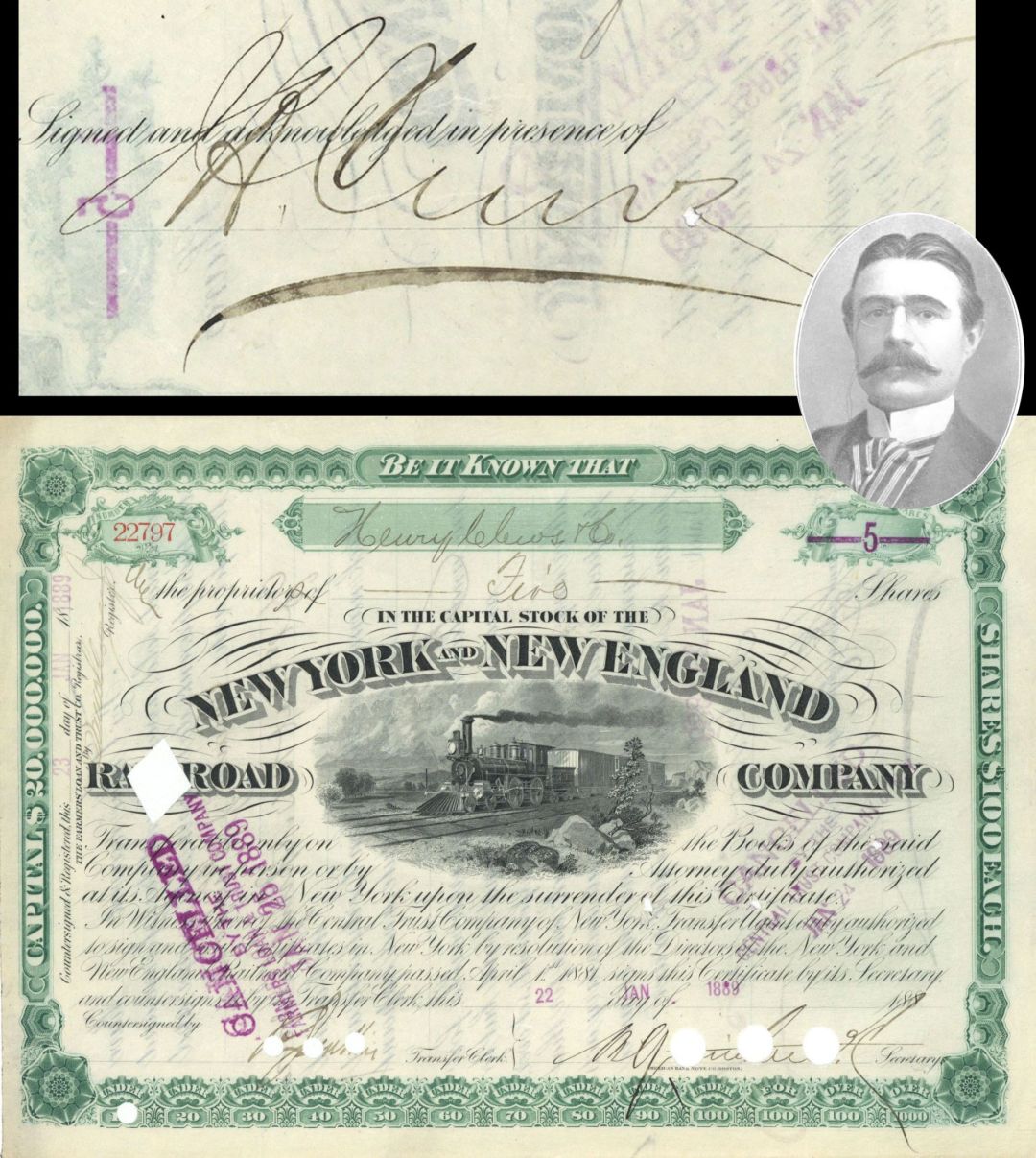 New York and New England Railroad Co. issued to Henry Clews and Co. and Signed by J.B. Clews - 1889 dated Stock Certificate
