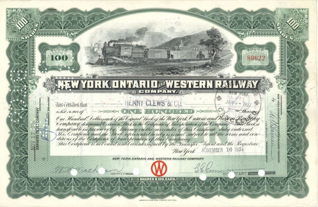 New York, Ontario and Western Railway Co. Issued to Henry Clews and Co. - 1934 dated Autographed Stock Certificate