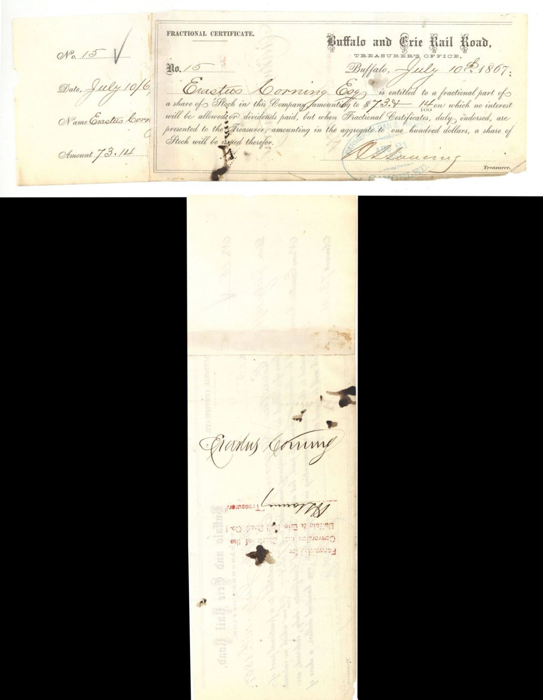 Buffalo and Erie Rail Road Issued to and signed by Erastus Corning - 1867 dated Stock Certificate