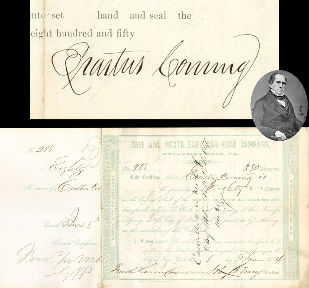 Erie and North East Rail-Road Co. Issued to and signed by Erastus Corning - 1854 dated Stock Certificate