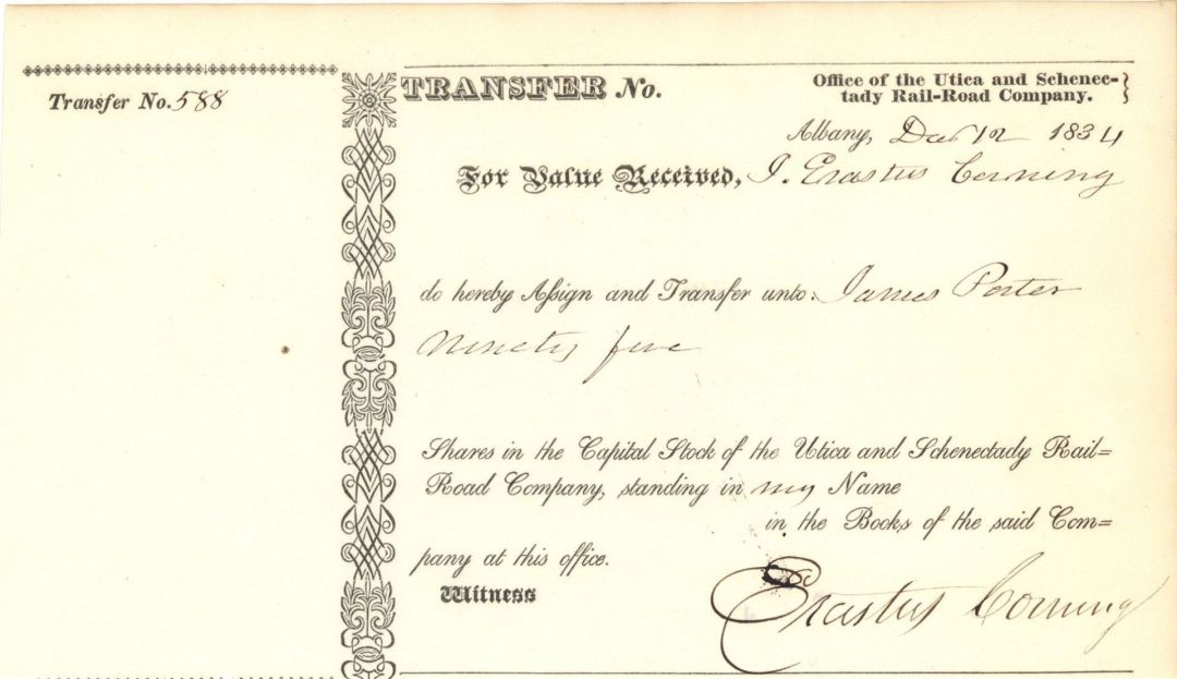 Utica and Schenectady Rail-Road Co. Issued to and signed by Erastus Corning - 1834 or 1856 dated Stock Certificate