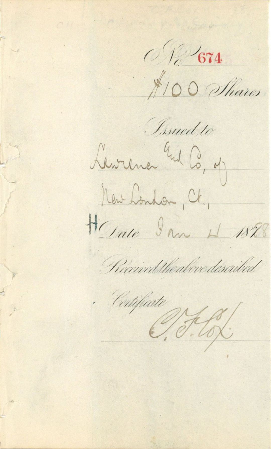 Lawrence and Co. of New London, Ct. Stub Signed by C.F. Cox - 1888 dated Stock Certificate
