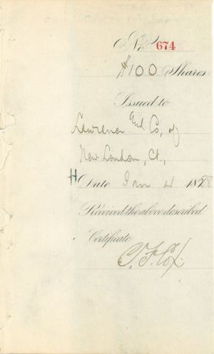 Lawrence and Co. of New London, Ct. Stub Signed by C.F. Cox - 1888 dated Stock Certificate