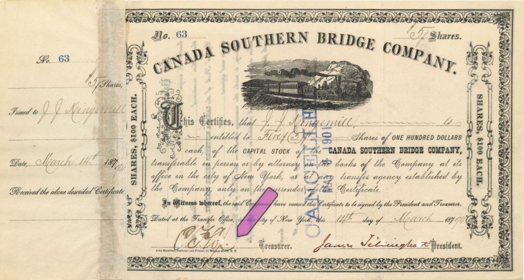 Canada Southern Bridge Co. Signed by C.F. Cox - 1894 or 1900 dated Stock Certificate