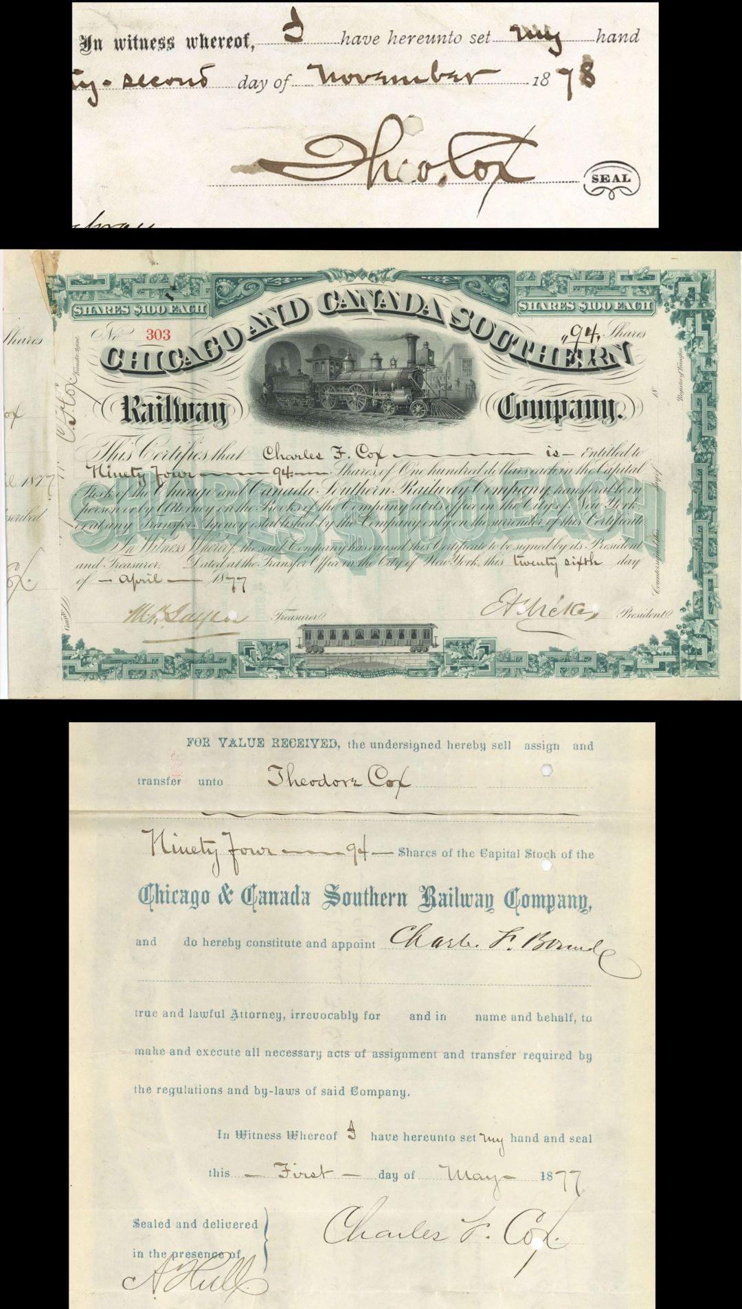 Chicago and Canada Southern Railway Co. Issued to and Signed by Charles F. Cox - 1877 dated Stock Certificate