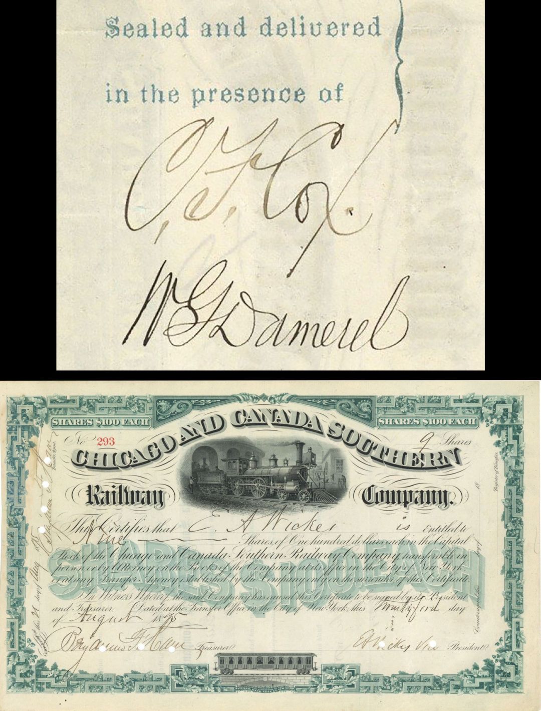 Chicago and Canada Southern Railway Co. Signed by C. F. Cox - 1875 dated Stock Certificate