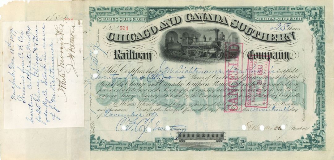 Chicago and Canada Southern Railway Co. Signed by C. F. Cox - 1879 or 1880 dated Stock Certificate