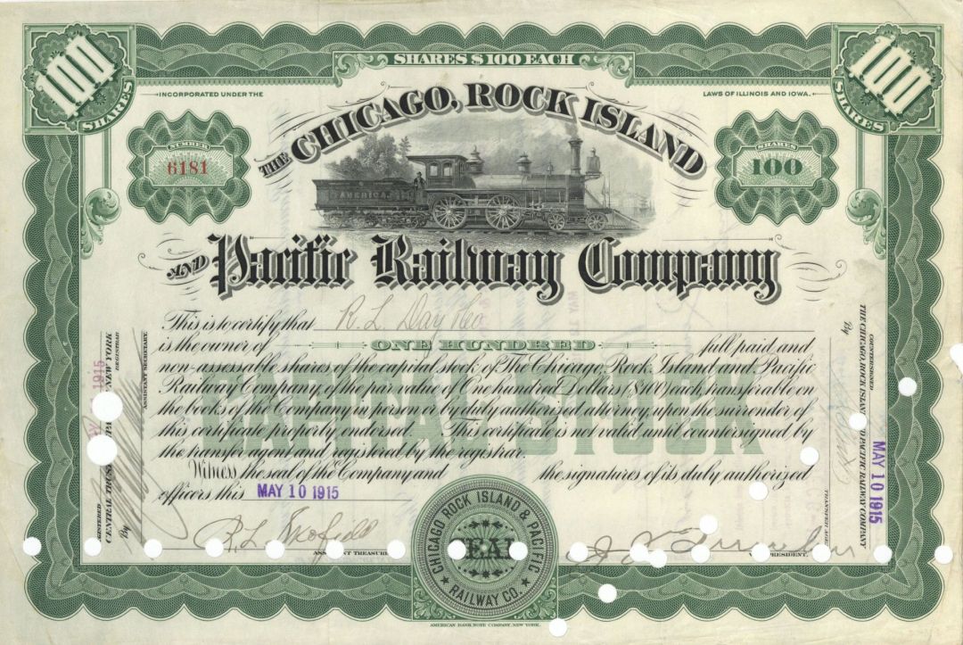 Chicago, Rock Island and Pacific Railway Co. Issued to R.L. Day and Co. - 1915 dated Stock Certificate