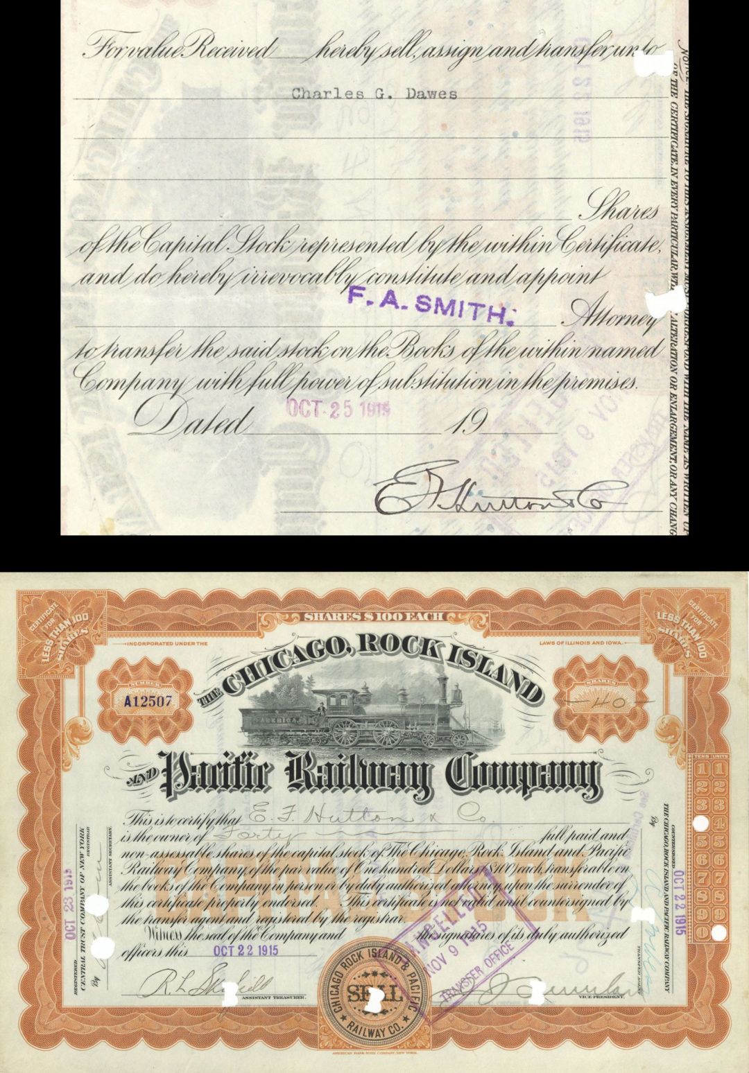 Chicago, Rock Island and Pacific Railway Co. Transferred to Charles Dawes - 1915 dated Autographed Stock Certificate
