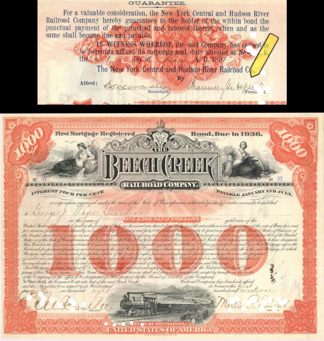 Beech Creek Railroad Co. Signed by Chauncey M. Depew and E.V.W. Rossiter - 1891 dated $1,000 Railway Bond