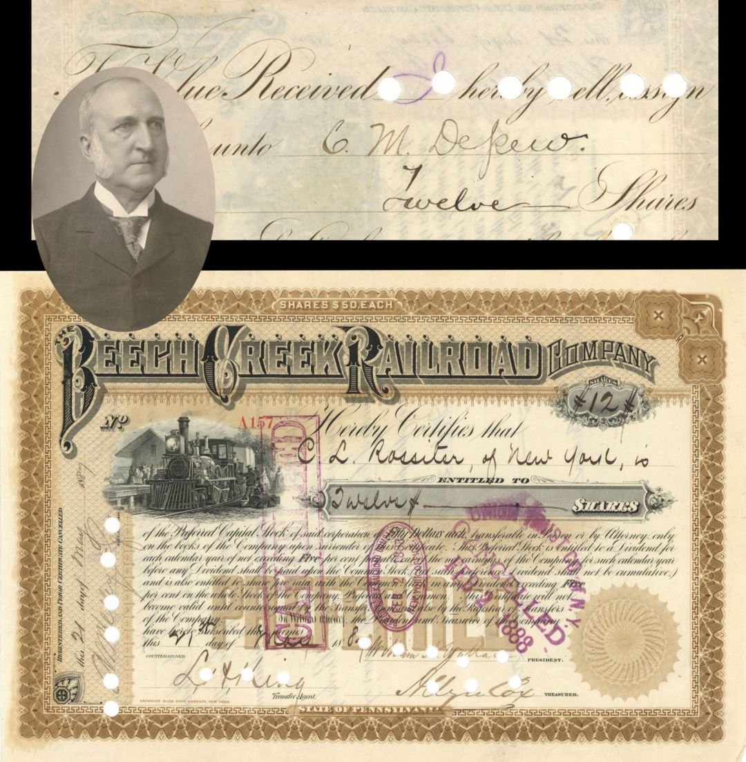 Beech Creek Railroad Co. Transferred to C. M. Depew - 1887 dated Stock Certificate