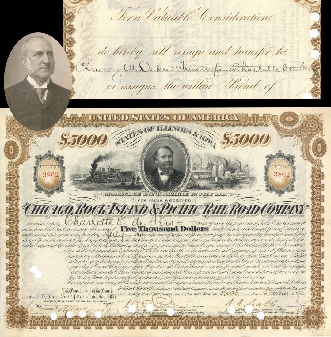 Chicago, Rock Island and Pacific Railroad Co. Transferred to Chauncey M. Depew - 1896 dated $5,000 Bond