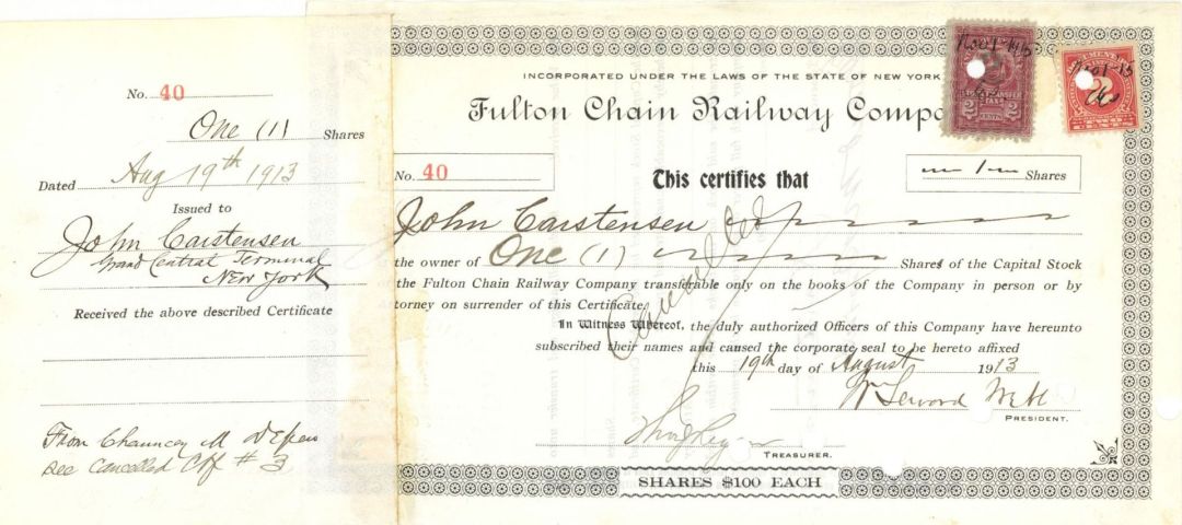 Fulton Chain Railway Co. - Chauncey M. Depew on stub - 1913 dated Stock Certificate