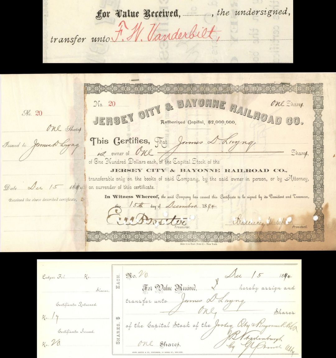 Jersey City and Bayonne Railroad Co. Stocks Signed by Chauncey M. Depew and E.V.W. Rossiter - 1894 dated Autographed Stock Certificate