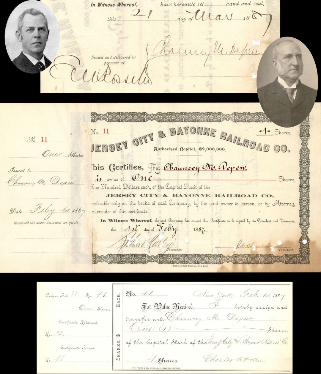 Jersey City and Bayonne Railroad Co. Stocks  Issued to and Signed by Chauncey M. Depew and E.V.W. Rossiter - 1887 dated Autographed Stock Certificate