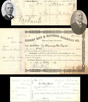 Jersey City and Bayonne Railroad Co. Stocks  Issued to and Signed by Chauncey M. Depew and E.V.W. Rossiter - 1887 dated Autographed Stock Certificate