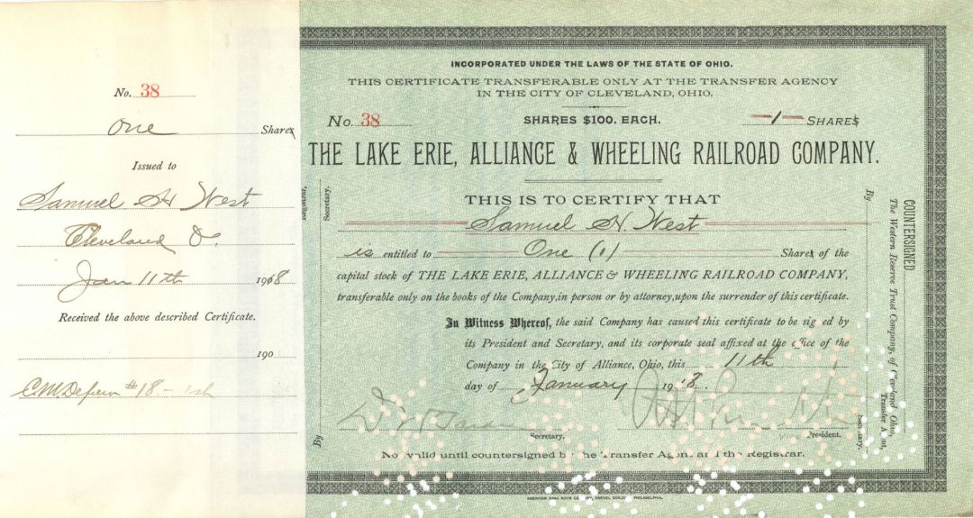 Lake Erie, Allliance and Wheeling Railroad Co.  Chauncey M. Depew on stub - 1918 dated Autographed Stock Certificate