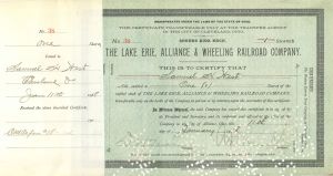 Lake Erie, Allliance and Wheeling Railroad Co.  Chauncey M. Depew on stub - 1918 dated Autographed Stock Certificate