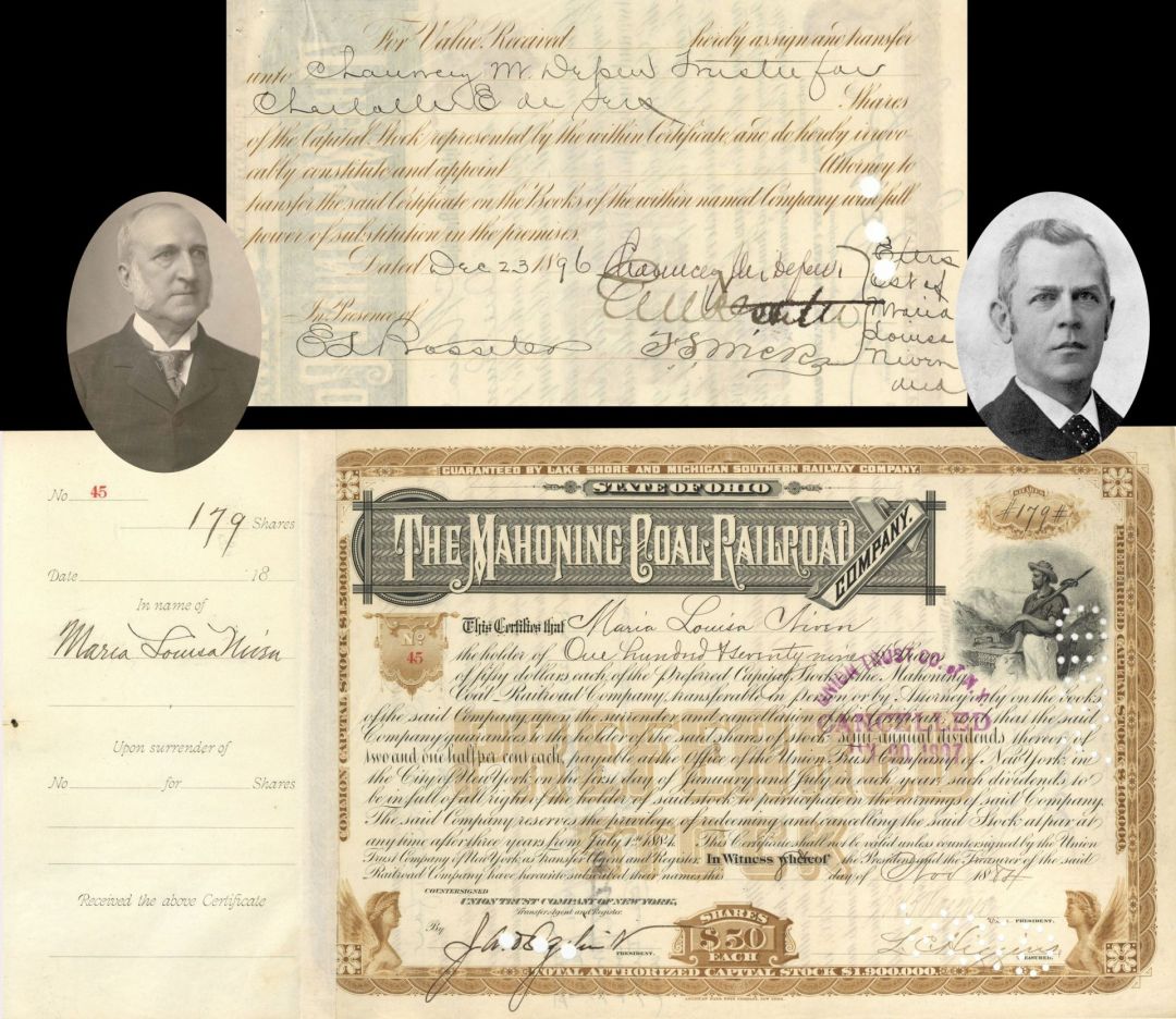 Mahoning Coal Railroad Co. Transferred to Chauncey M. Depew - 1884 dated Autographed Stock Certificate