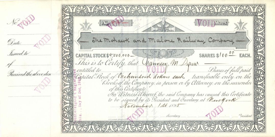 Mohawk and Malone Railway Co. Issued to Chauncey M. Depew - 1895 dated Autographed Stock Certificate