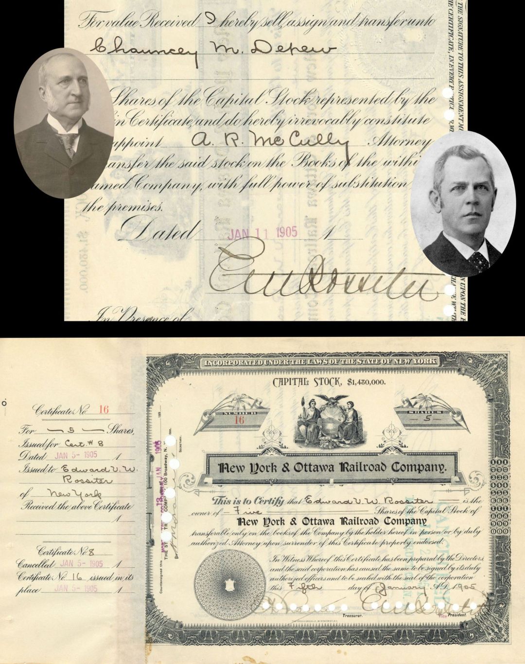 New York and Ottawa Railroad Co. Issued to Edward V.W. Rossiter and signed and transferred to Chauncey M. Depew - 1905 dated Autographed Stock Certificate