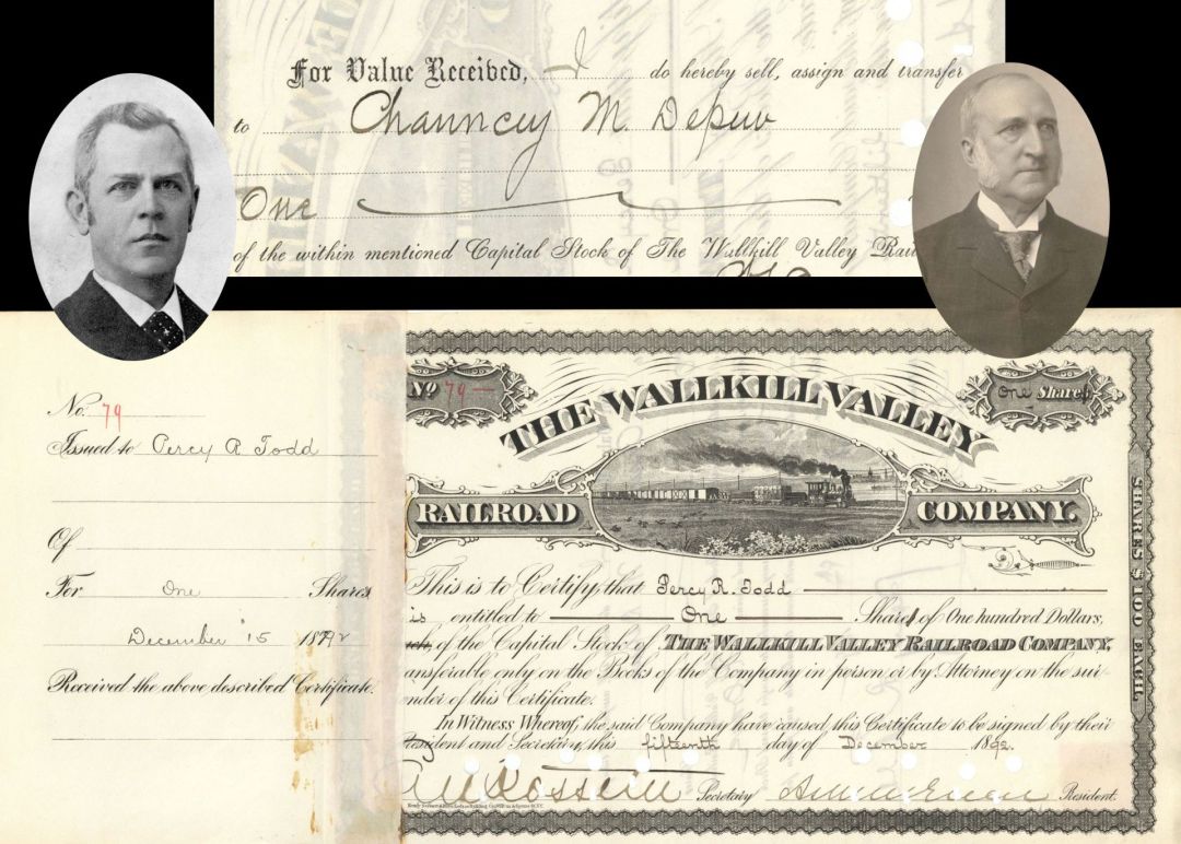 Wallkill Valley Railroad Co. Transferred to Chauncey M. Depew and signed by E.V.W. Rossiter - 1892 dated Stock Certificate