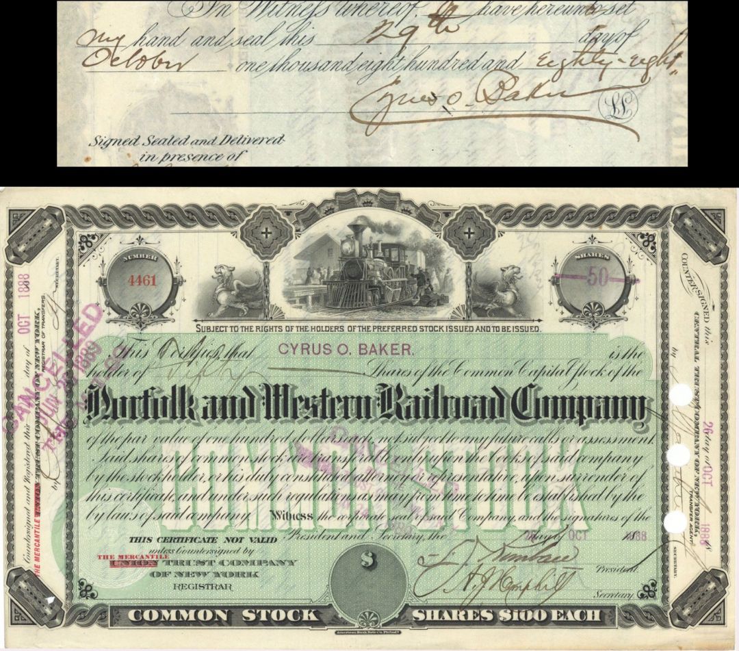 Norfolk and Western Railroad Co. Issued to and signed by Cyrus O. Baker - 1888 dated Stock Certificate