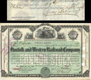 Norfolk and Western Railroad Co. Issued to and signed by Cyrus O. Baker - 1888 dated Stock Certificate