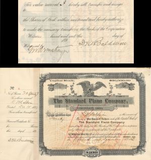 Standard Piano Co. issued to and signed by D.H. Baldwin- Certificate #6 - 1893 dated Autographed Stock Certificate