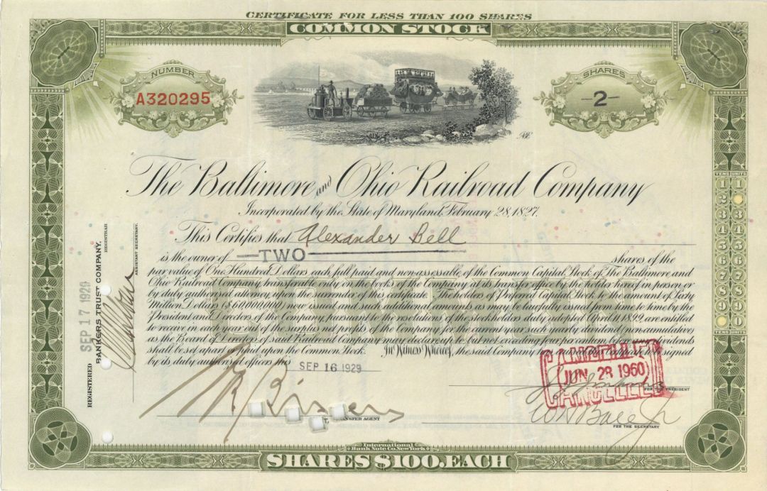 Baltimore and Ohio Railroad Co. Issued to Alexander Bell - 1929 dated Stock Certificate
