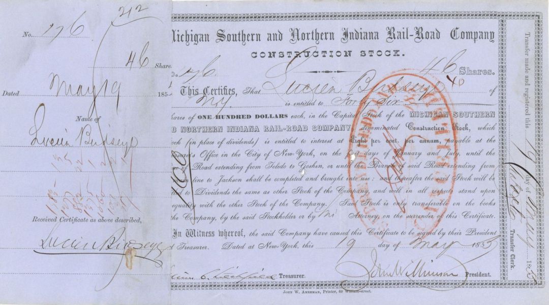 Michigan Southern and Northern Rail-Road Co. Issued to and signed by Lucien Birdseye - 1855 dated Stock Certificate