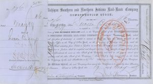Michigan Southern and Northern Rail-Road Co. Issued to and signed by Lucien Birdseye - 1855 dated Stock Certificate