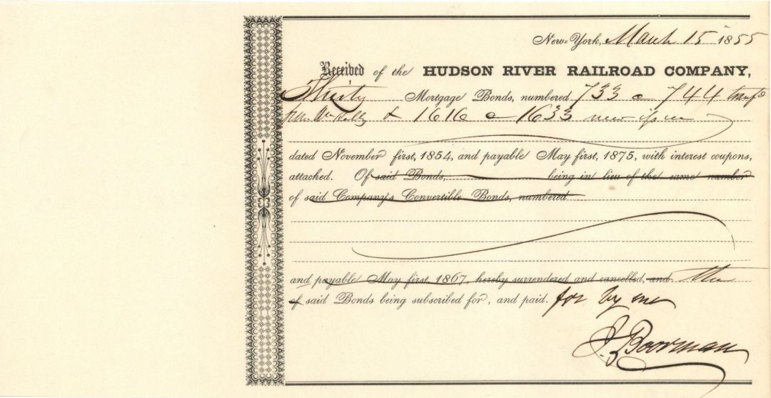 Hudson River Railroad Co. Signed by J. Boorman - 1855 dated Stock Certificate