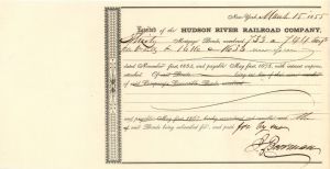 Hudson River Railroad Co. Signed by J. Boorman - 1855 dated Stock Certificate