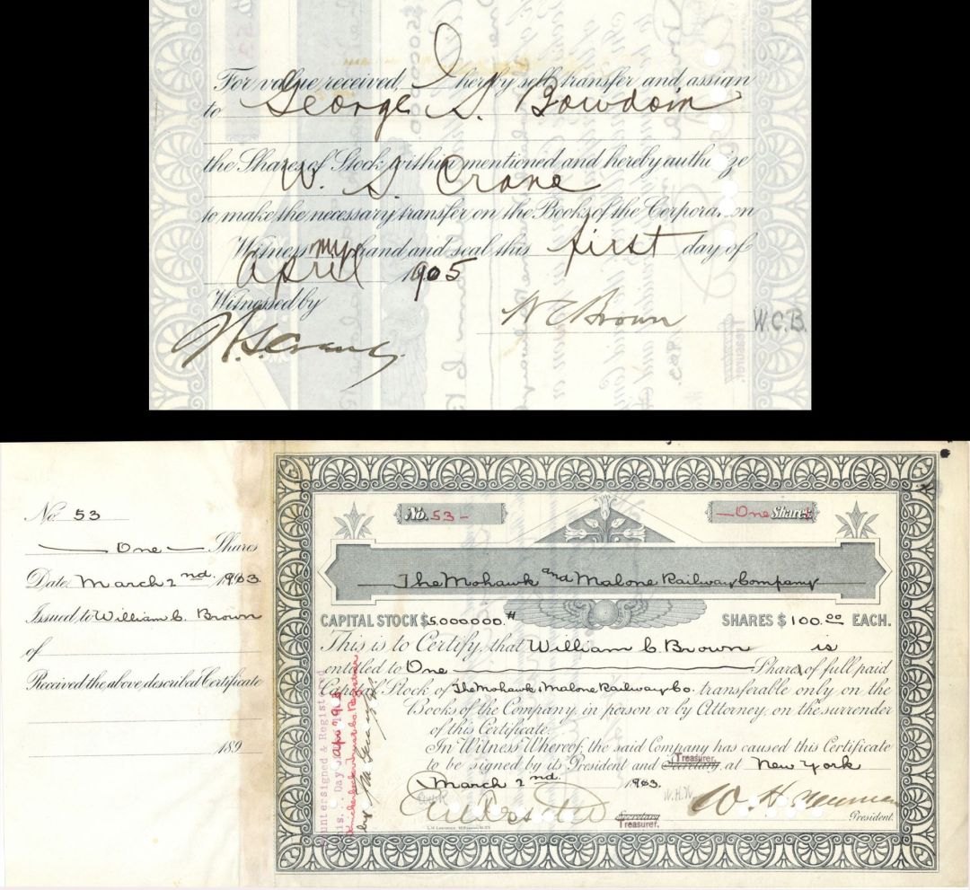 Mohawk and Malone Railway Co. Issued to and Signed by William C. Brown - 1903 dated Autographed Stock Certificate