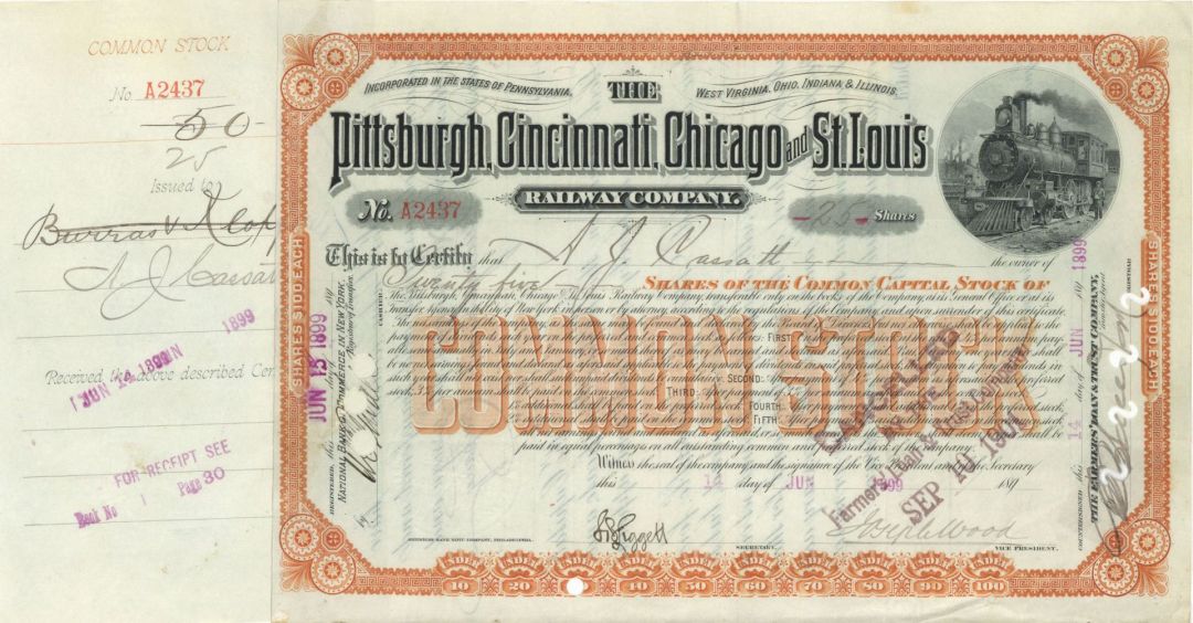 Pittsburgh, Cincinnati, Chicago and St. Louis Railway Co. Issued to A.J. Cassatt - 1899 dated Stock Certificate