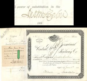 Central Dock and Terminal Railway Co. Issued to and signed twice by Austin Corbin - 1890 dated Stock Certificate