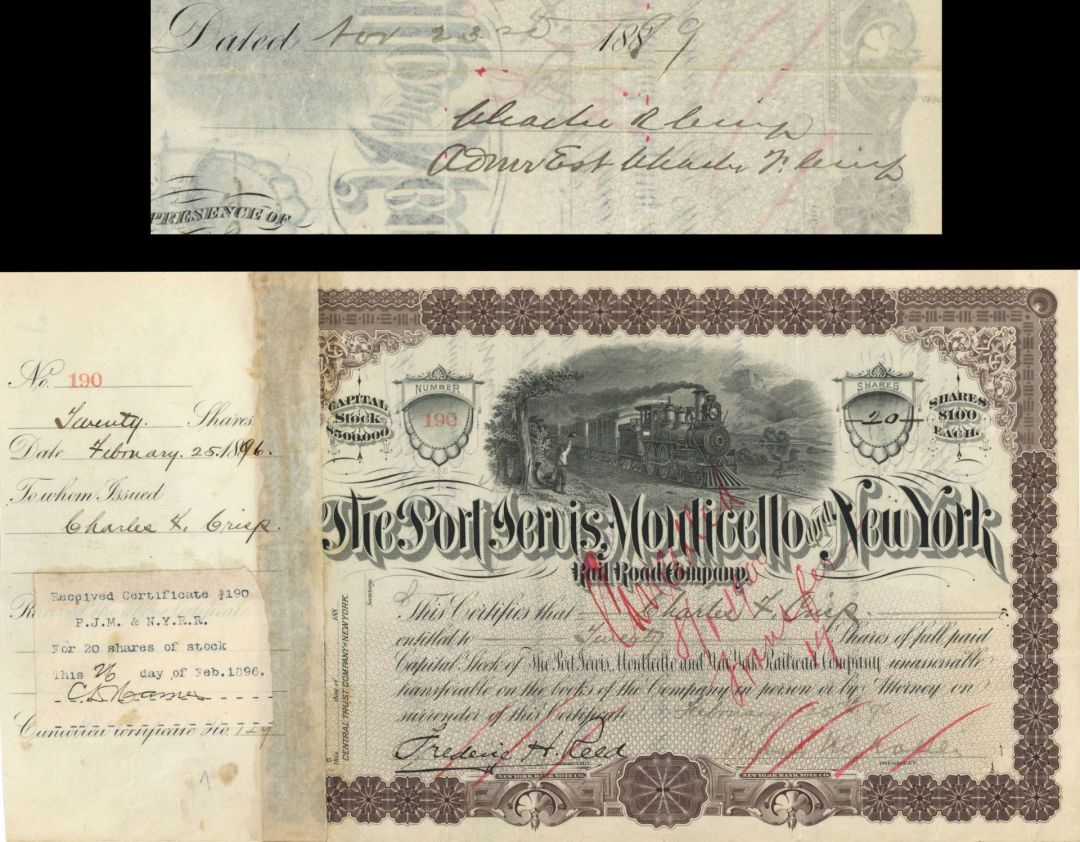 Port Jervis, Monticello and New York Railroad Co. Issued to and signed by Charles F. Crisp - 1896 and 1899 dated Stock Certificate