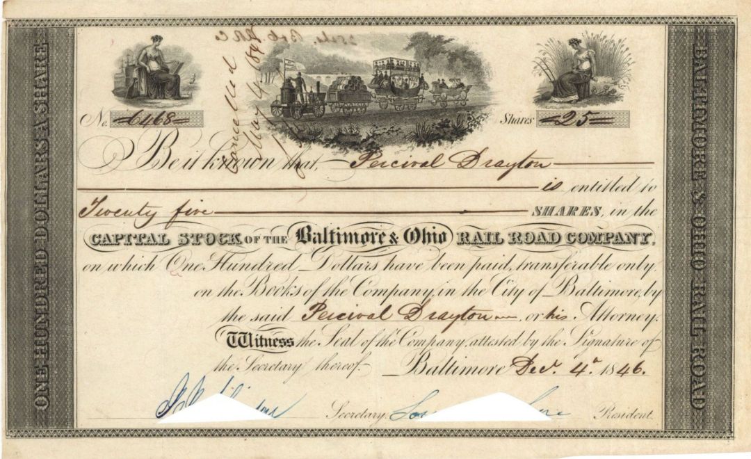 Baltimore and Ohio Railroad Co. Issued to Percival Drayton - 1846 dated Stock Certificate