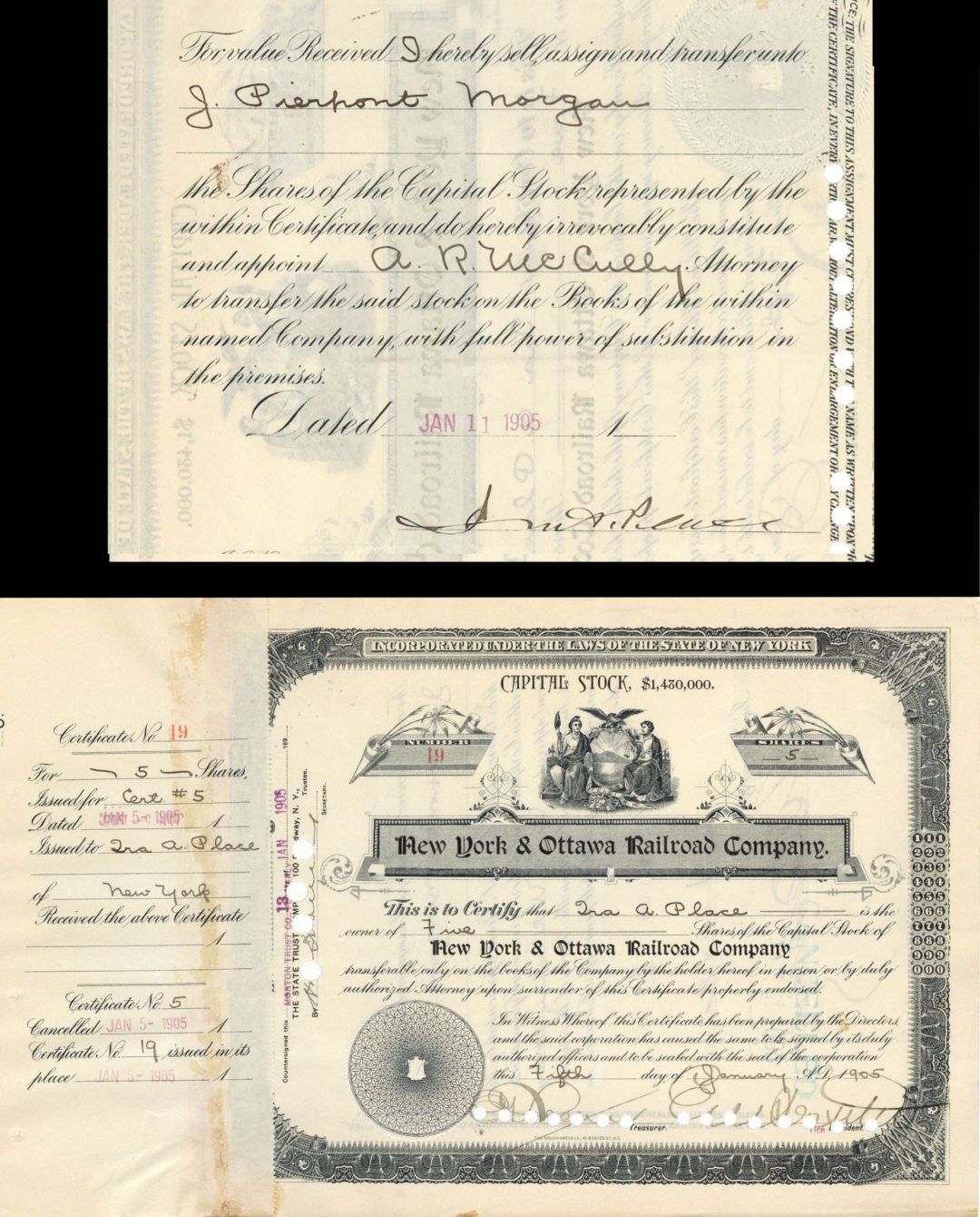 New York and Ottawa Railroad Co. Issued to Ira A. Place and signed by E.V.W. Rossiter - 1905 dated Autographed Stock Certificate