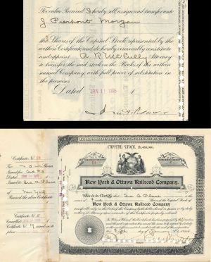 New York and Ottawa Railroad Co. Issued to Ira A. Place and signed by E.V.W. Rossiter - 1905 dated Autographed Stock Certificate