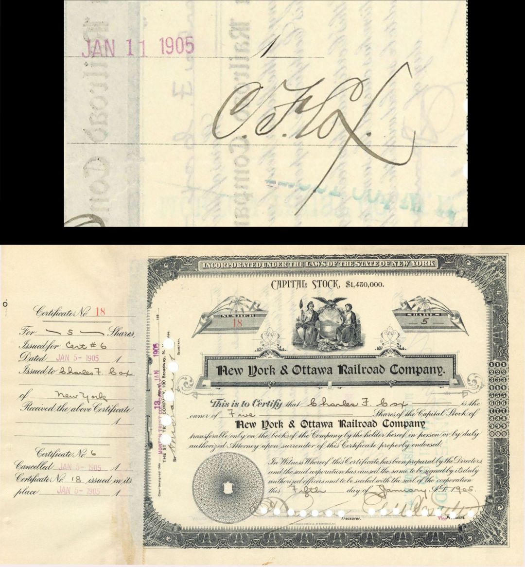 New York and Ottawa Railroad Co. Issued to and signed by Charles F. Cox and E.V.W. Rossiter - 1905 dated Stock Certificate