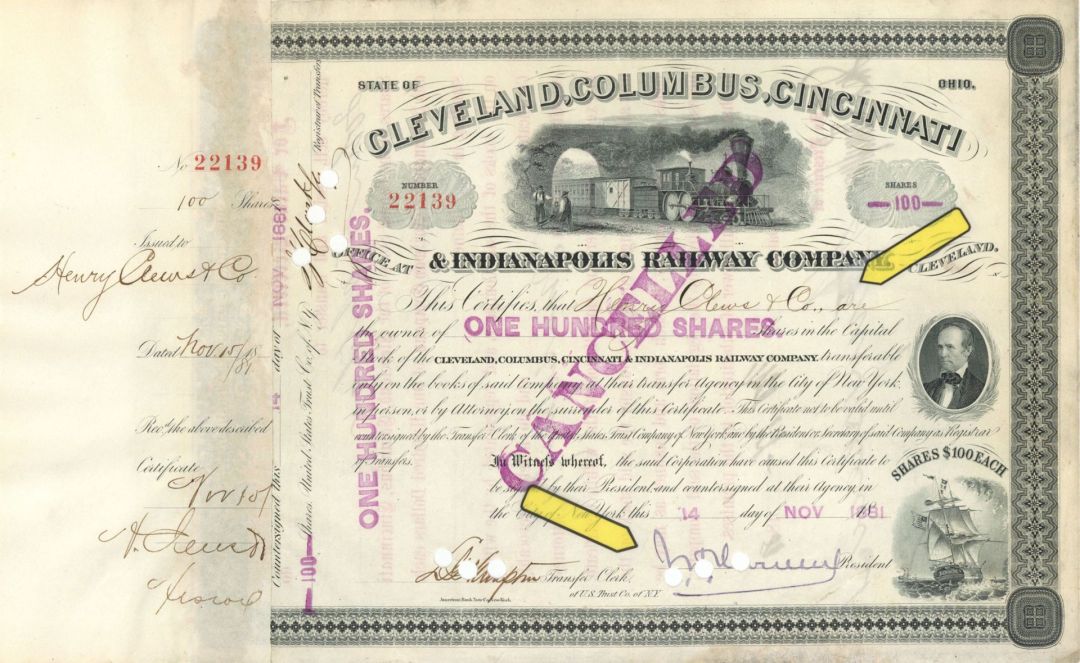 Cleveland, Columbus, Cincinnati and Indianapolis Railway Co. Issued to Henry Clews and Co. and signed by J.H. Devereux - 1881 Railroad Stock Certificate