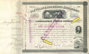 Cleveland, Columbus, Cincinnati and Indianapolis Railway Co. Issued to Henry Clews and Co. and signed by J.H. Devereux - 1881 Railroad Stock Certificate