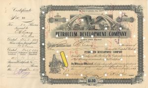 Petroleum Development Co. Signed by Edward L. Doheny as secretary - 1899 dated Autographed Stock Certificate