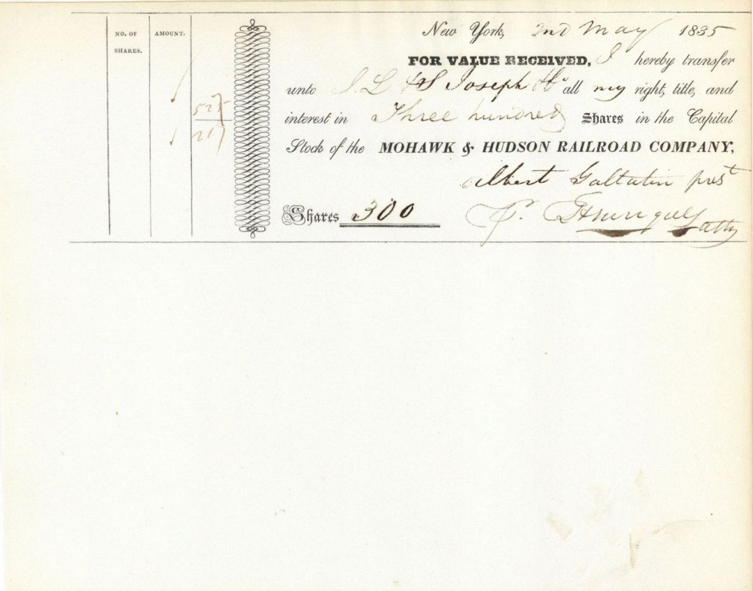 Mohawk and Hudson Railroad Co. signed for Albert Gallatin - Son of Albert Gallatin - 1835 dated Stock