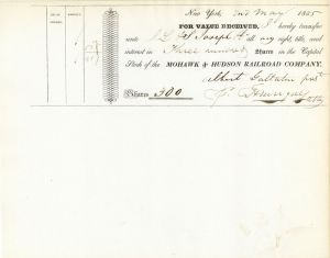 Mohawk and Hudson Railroad Co. signed for Albert Gallatin - Son of Albert Gallatin - 1835 dated Stock